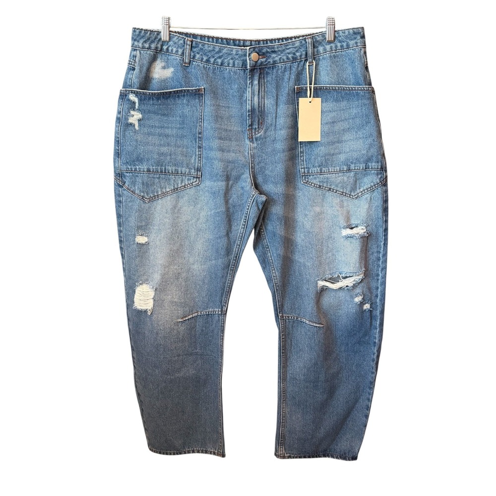 Flamingals Ripped High Rise Barrel Jeans Distressed Patch Pocket Streetwear 3X